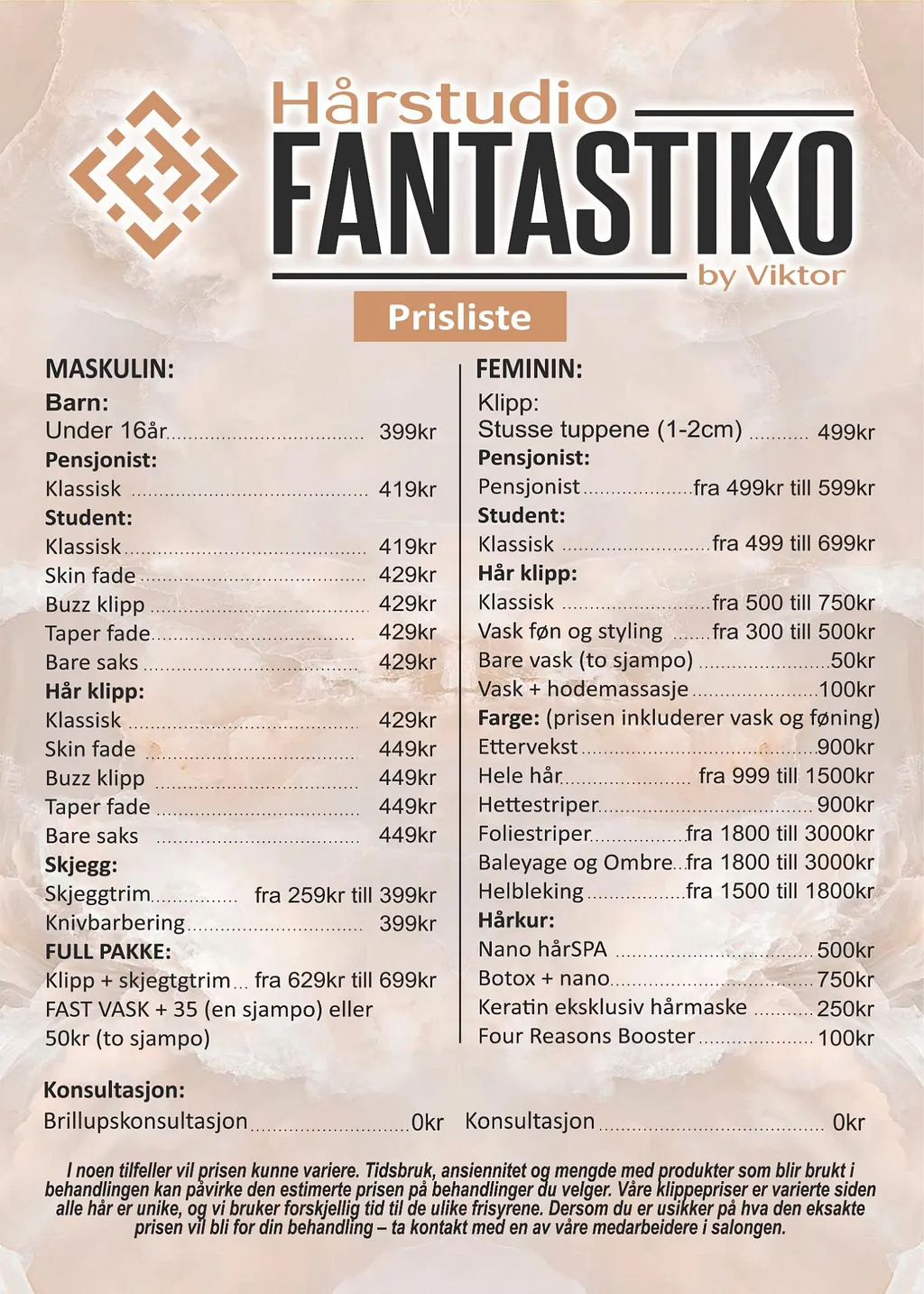Prisliste for klipp av hår hos Hårstudio Fantastiko by Viktor i Lillehammer