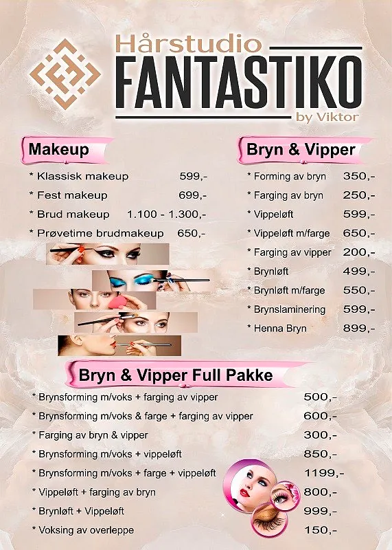Prisliste for makeup, bryn og vipper hos Hårstudio Fantastiko by Viktor i Lillehammer